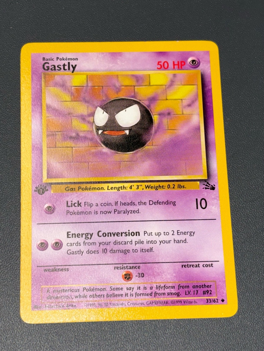 MINT 1st Edition Pokemon Gastly 33/62 1999 Fossil Base Set